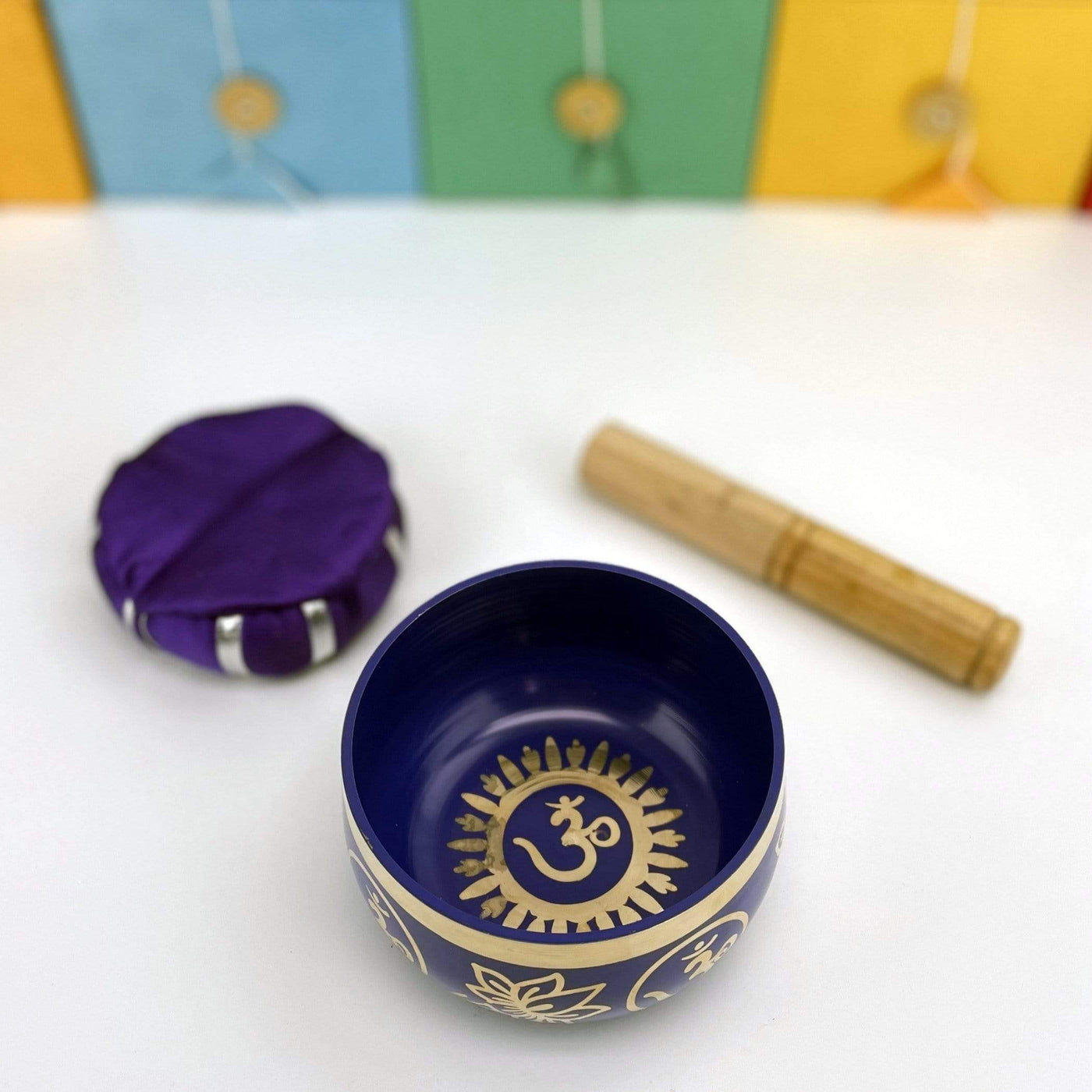 Purple Brass Tibetan Chakra Singing Bowl pillow and mallot