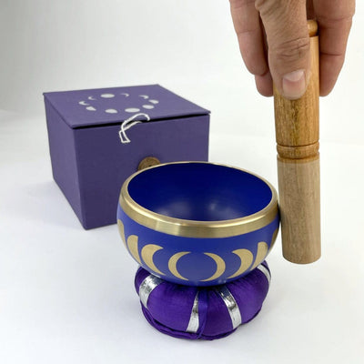 Purple singing bowl with mallot on side as if it is in use