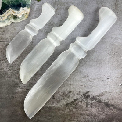 3 sizes of Selenite Knives with Hand Cut and Polished Handles