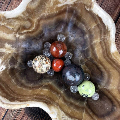 top view of Mexican Onyx Bowl with crystals in it