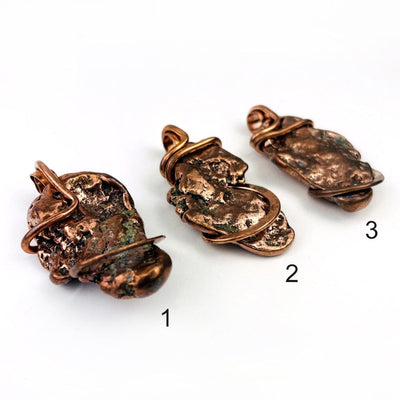 3 Copper Nugget freeform pendants with numbers calling out pendant choice 1, 2, 3