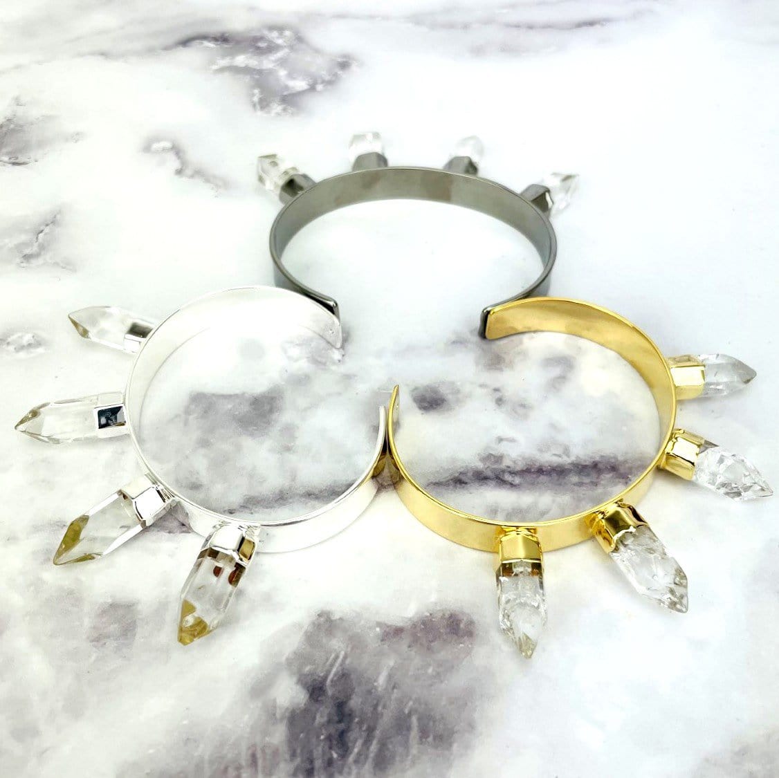 crystal quartz gemstone spike bracelet  displayed in all electroplated options