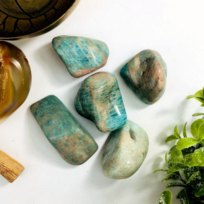 Amazonite tumbled stones they are blueish green with tan markings on a white background.