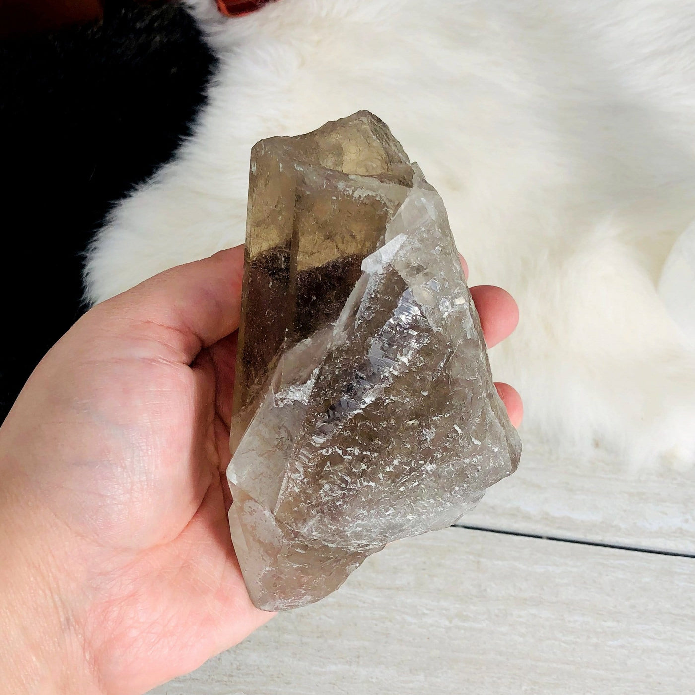 side view of smokey quartz raw point for thickness