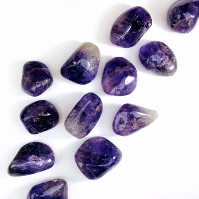12 amethyst tumbled stones scattered on white background