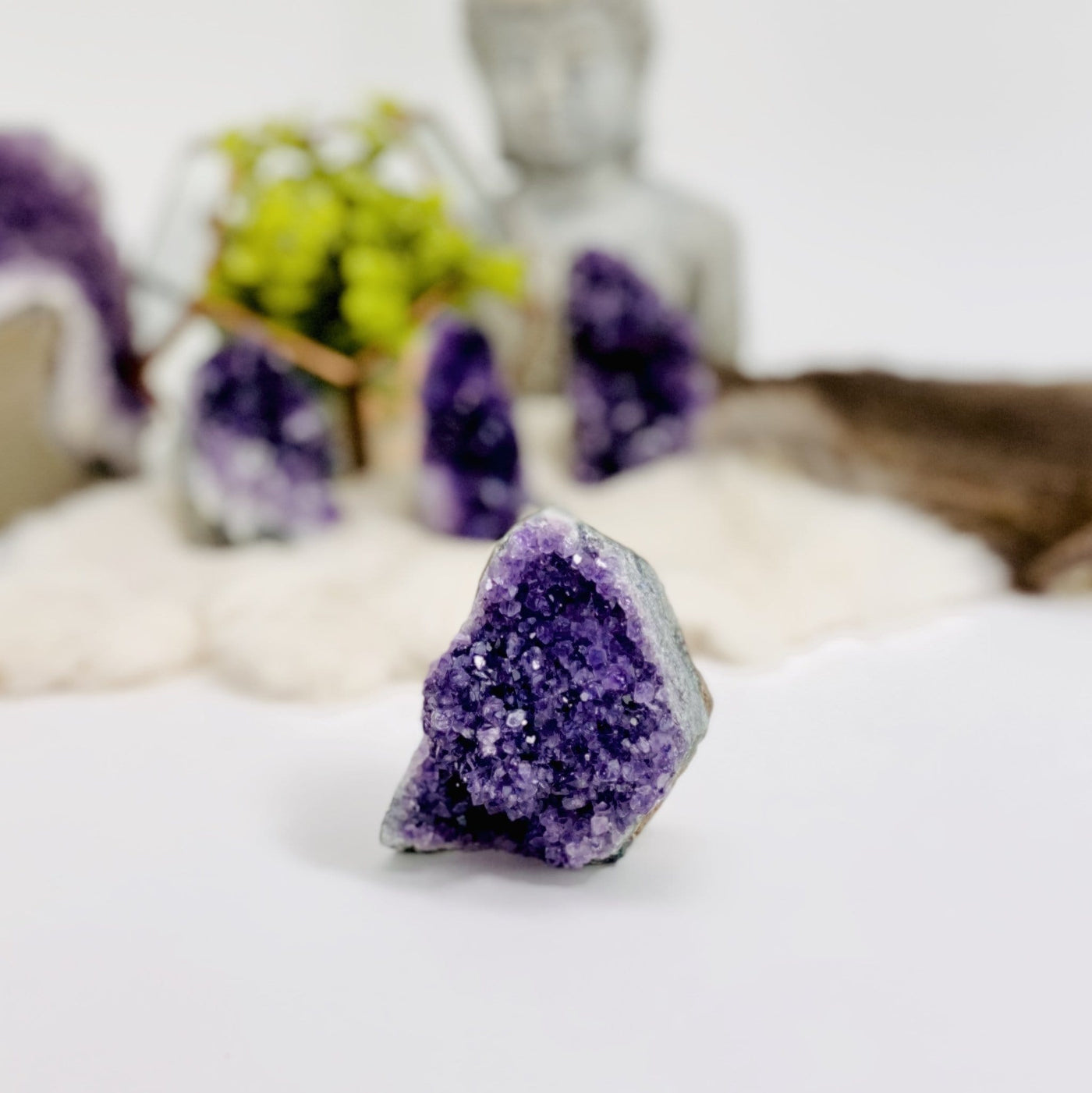Amethyst Cluster Geode Crystal Cut Base displayed up close to view cluster details