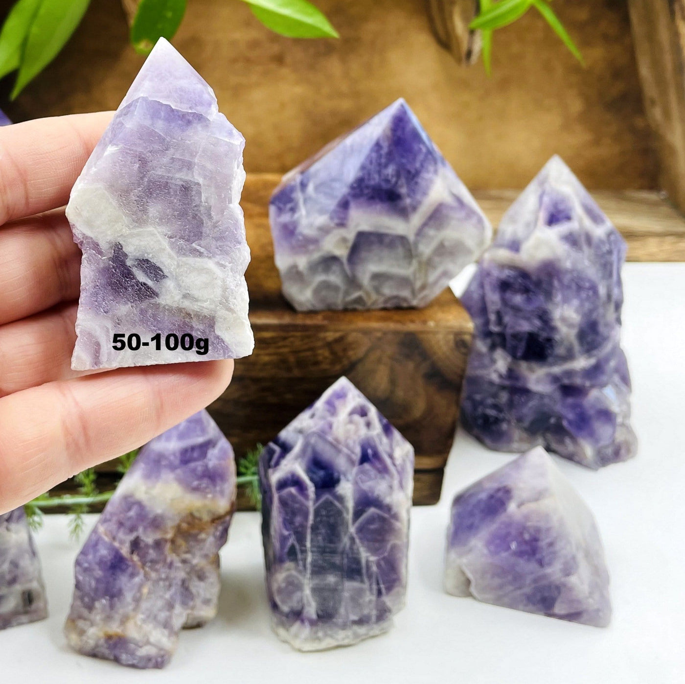 chevron amethyst polished point showing weight in grams