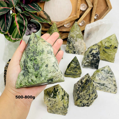 500-800g sized Jadeite Semi-polished Point displayed in hand.
