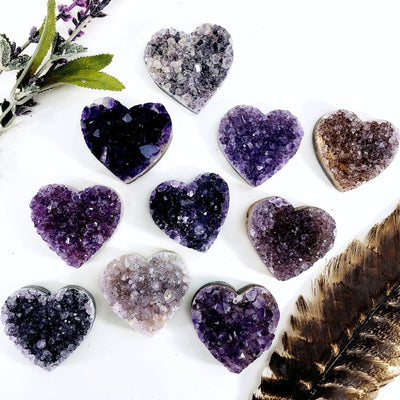 amethyst hearts with decorations in the background