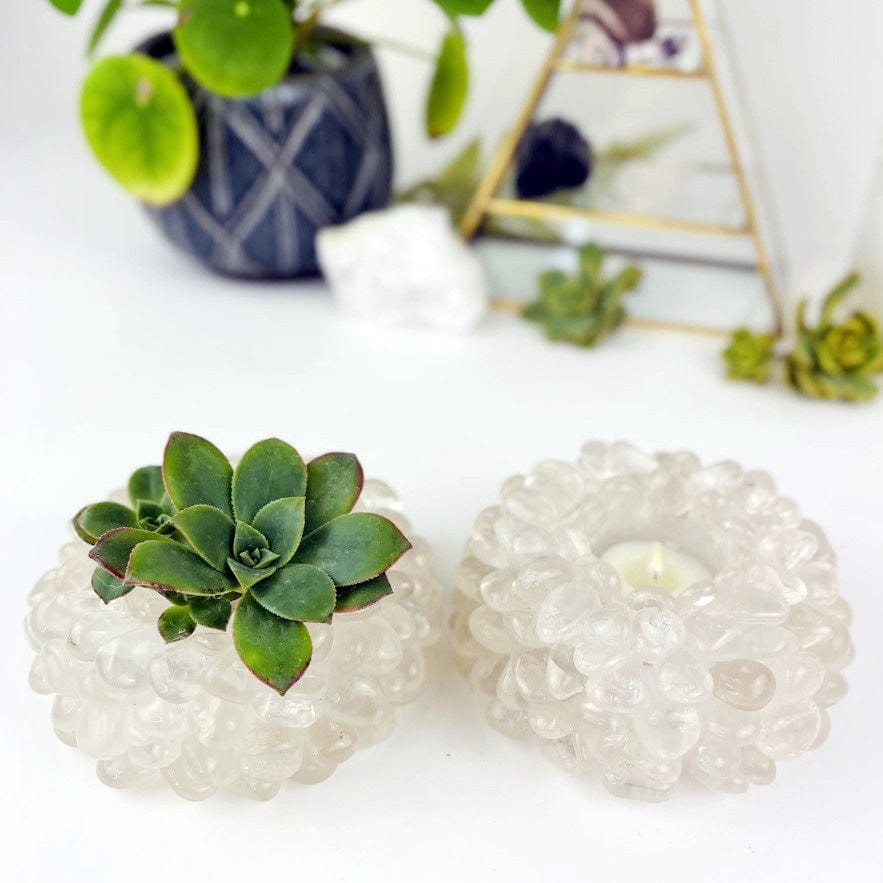 Crystal Quartz Tumbled Stone Candle Holder one with a candle . one with a succulent