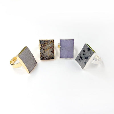 4 Quartz Druzy Rectangle Adjustable Rings in gold and silver