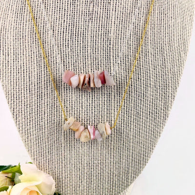 Pink Opal Stone Necklace - October Birthstone - Gold over Sterling or Sterling Silver Adjustable Length up close