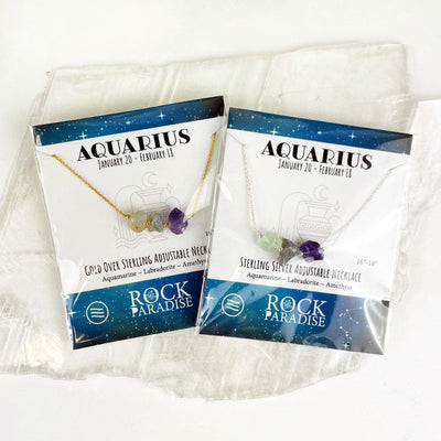 Aquarius Necklace - 3 Stones for your Zodiac Sign  - Gold over Sterling or Sterling Silver Adjustable Length in packaging