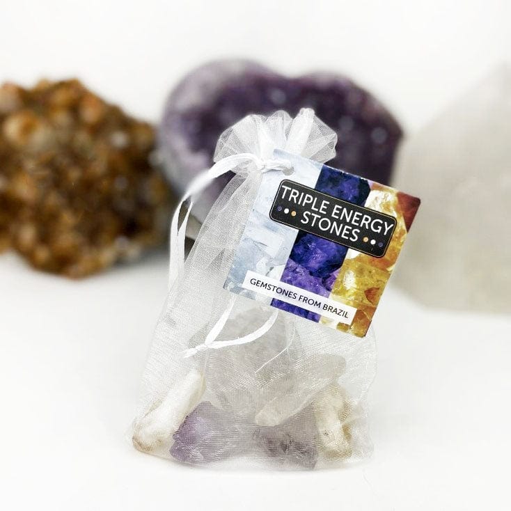 Triple Energy Set of Quartz, Amethyst and Citrine Points - Tied & Tagged in Organza Bag