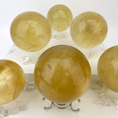 6 Honey Calcite Polished Spheres on white background