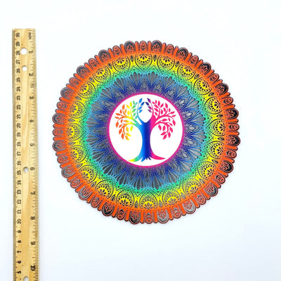 Crystal Grid Colorful Tree of Life - Wooden home decor--close shot view next to ruler demonstrating the height on table.