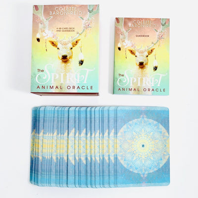 The Spirit Animal Oracle showing the box cover and 68 cards in a blue color with some yellow in it . 