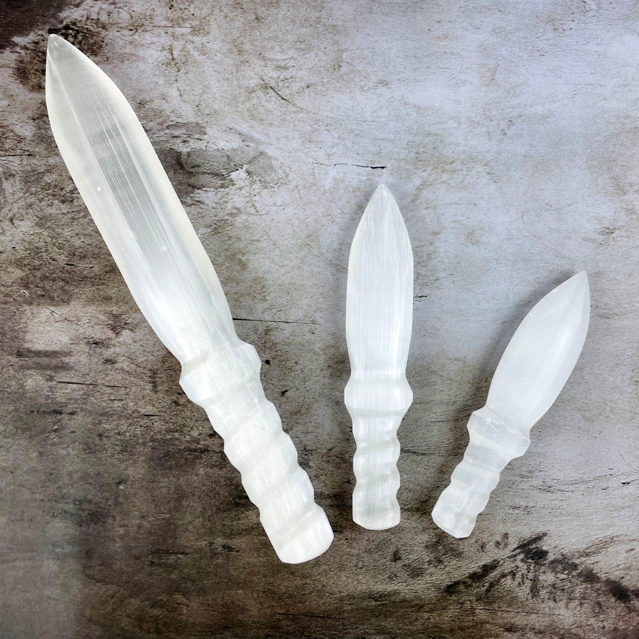 3 Selenite Knife with Twisted Handles, Hand Carved and Polished fanned out