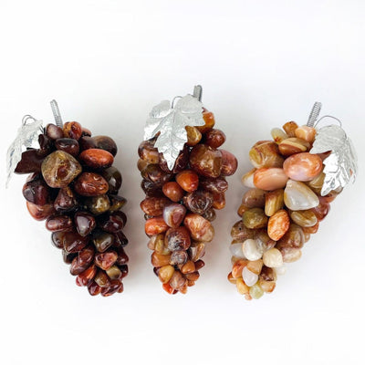 3 Carnelian Polished Stone Grape Bunches with Silver Leaf 