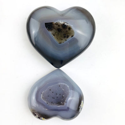 2 Agate Hearts with Druzy Centers up close to show centers 