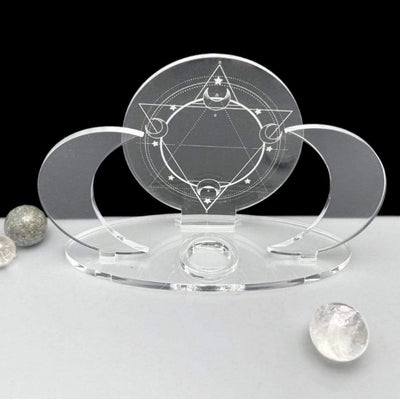 An empty Acrylic Sphere Holder Crescent Moons - Six Pointed Star with surrounding small spheres for display.