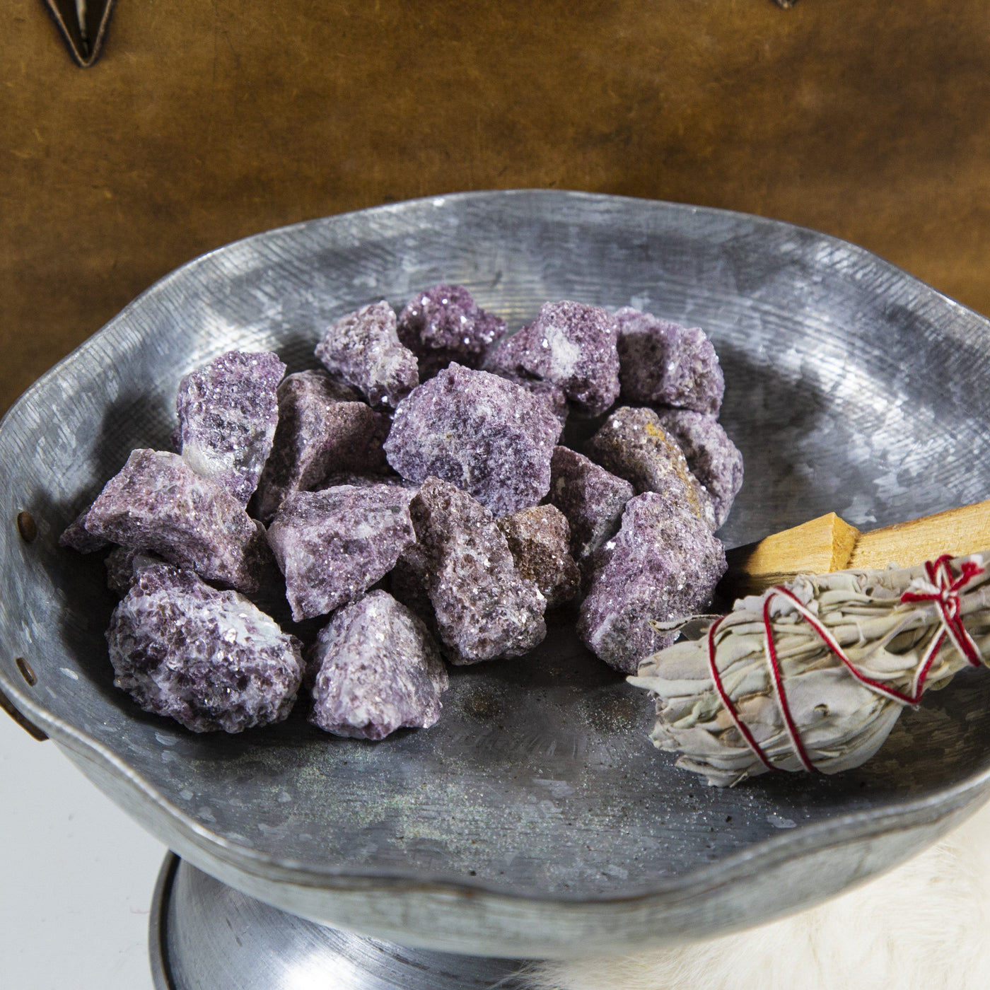 Lepidolite Chunks in a bowl with decorations