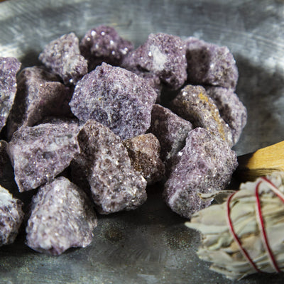 up close shot of Lepidolite Chunks in a bowl