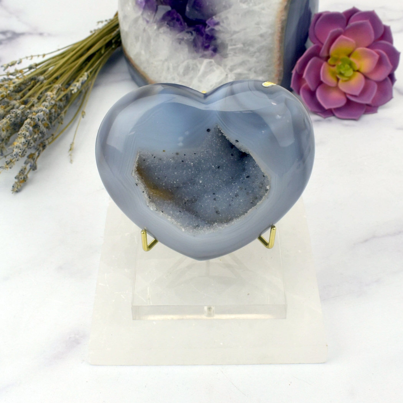 Front facing Agate Druzy Heart - OOAK - (DOOAK-S24-06) in a stand within an alter.