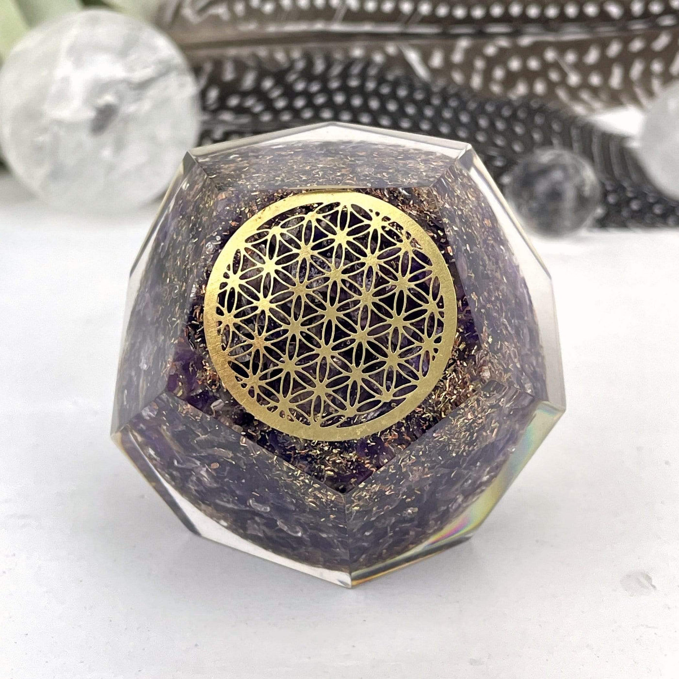 Orgone in Dodecahedron shape Amethyst with Gold Flower of Life Grid