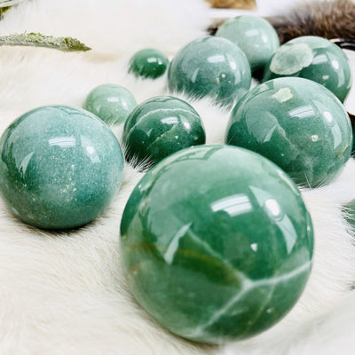 close up of the details on the green aventurine spheres 