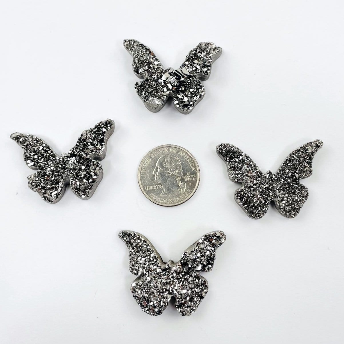 Platinum Titanium Druzy Butterfly Cabochons displayed around quarter for size reference