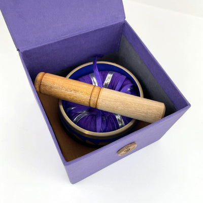 Purple Moon Phase Brass Singing Bowl Set with Purple Box with mallot and pillow inside