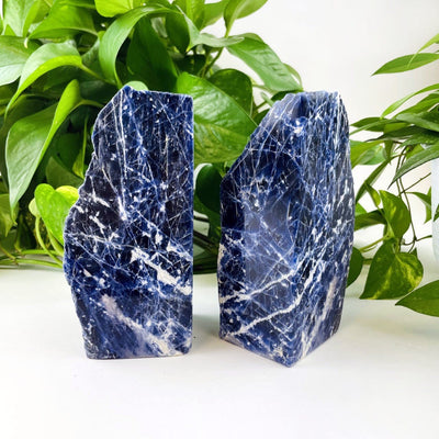 Polished Sodalite Bookend Set front and side view for thickness reference