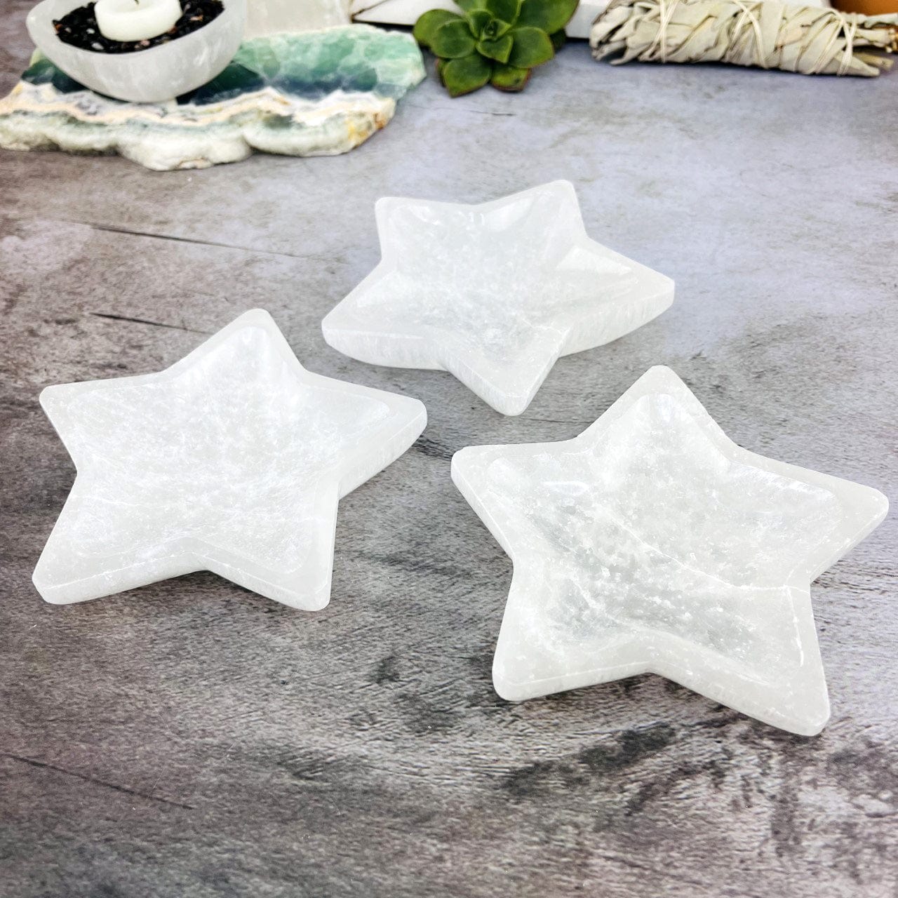 3 Selenite Star Bowls - Charging Stations from side view