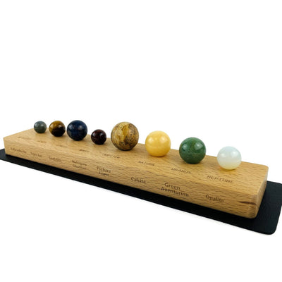 A Mat with wood base and stone spheres on it showing engraved stone names and planets on the wood base