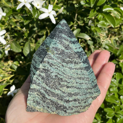 green snakeskin jasper in hand for size reference