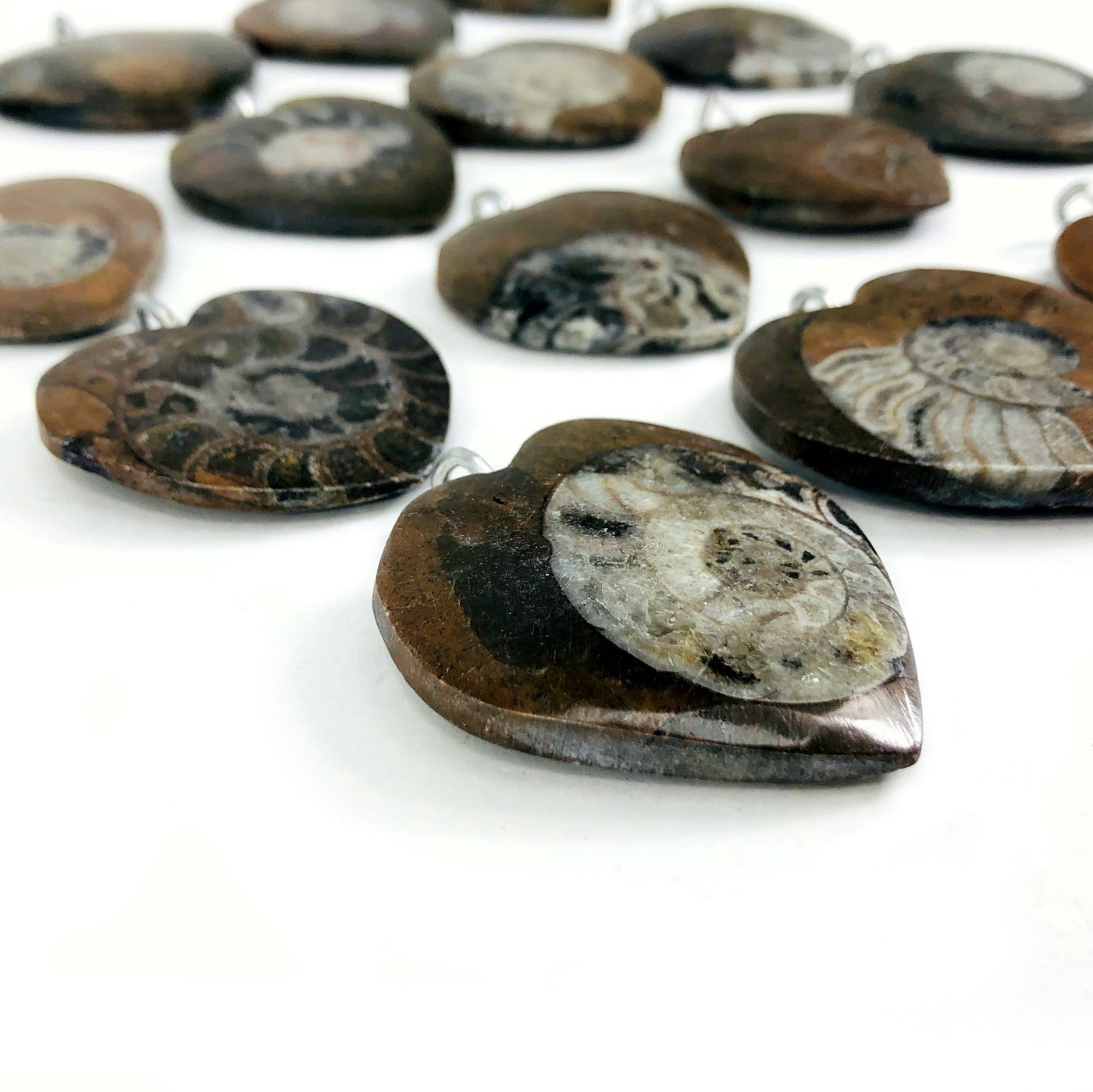 ammonite heart pendants side view