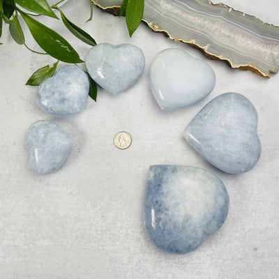 Blue Calcite Hearts of all the varying sizes around a quarter for size reference