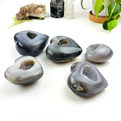 Agate Hearts with Druzy Centers  from a side view to show thickness