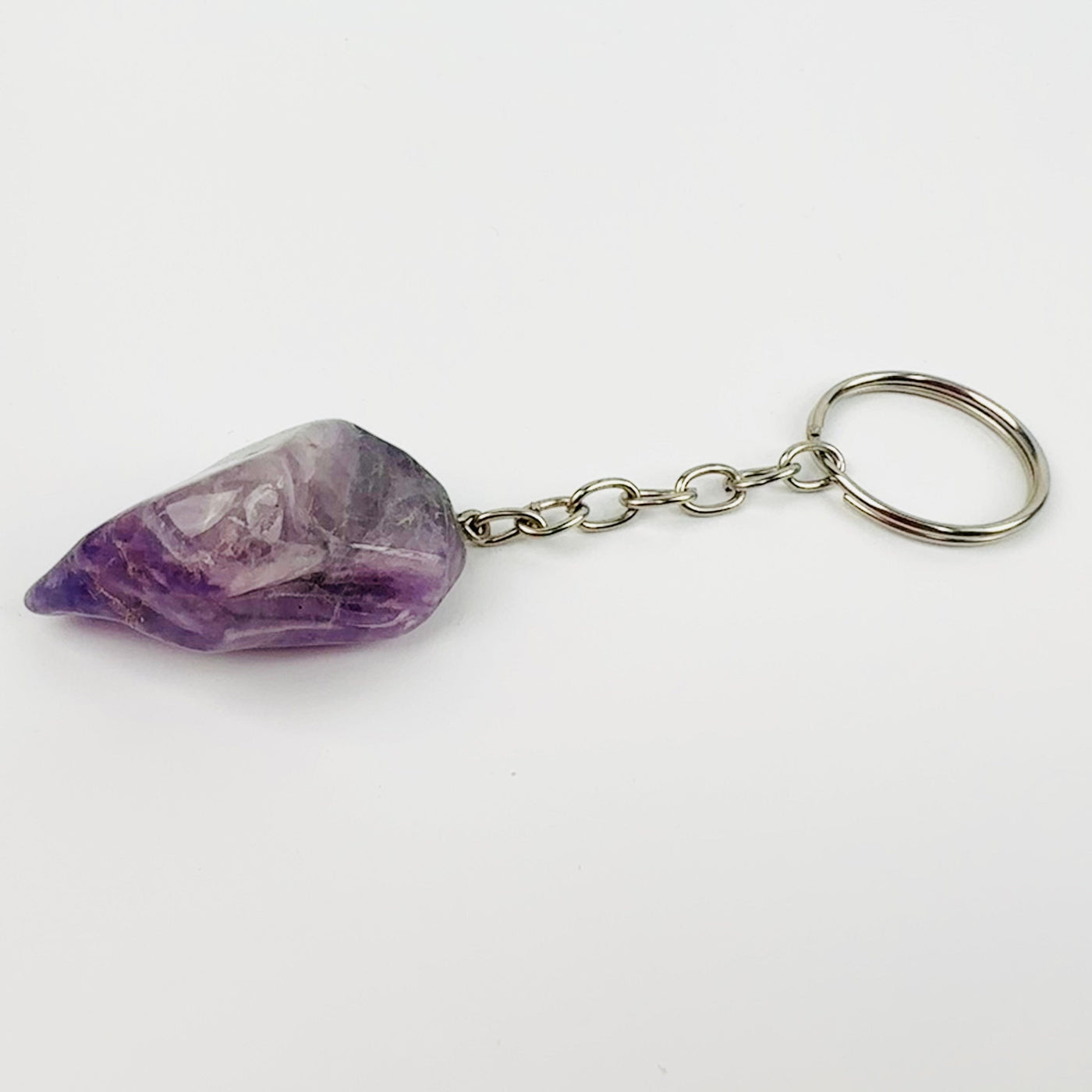 Amethyst Polished Freeform Silver Toned Key Chain - Tumbled Purple Stone - up close of one key chain