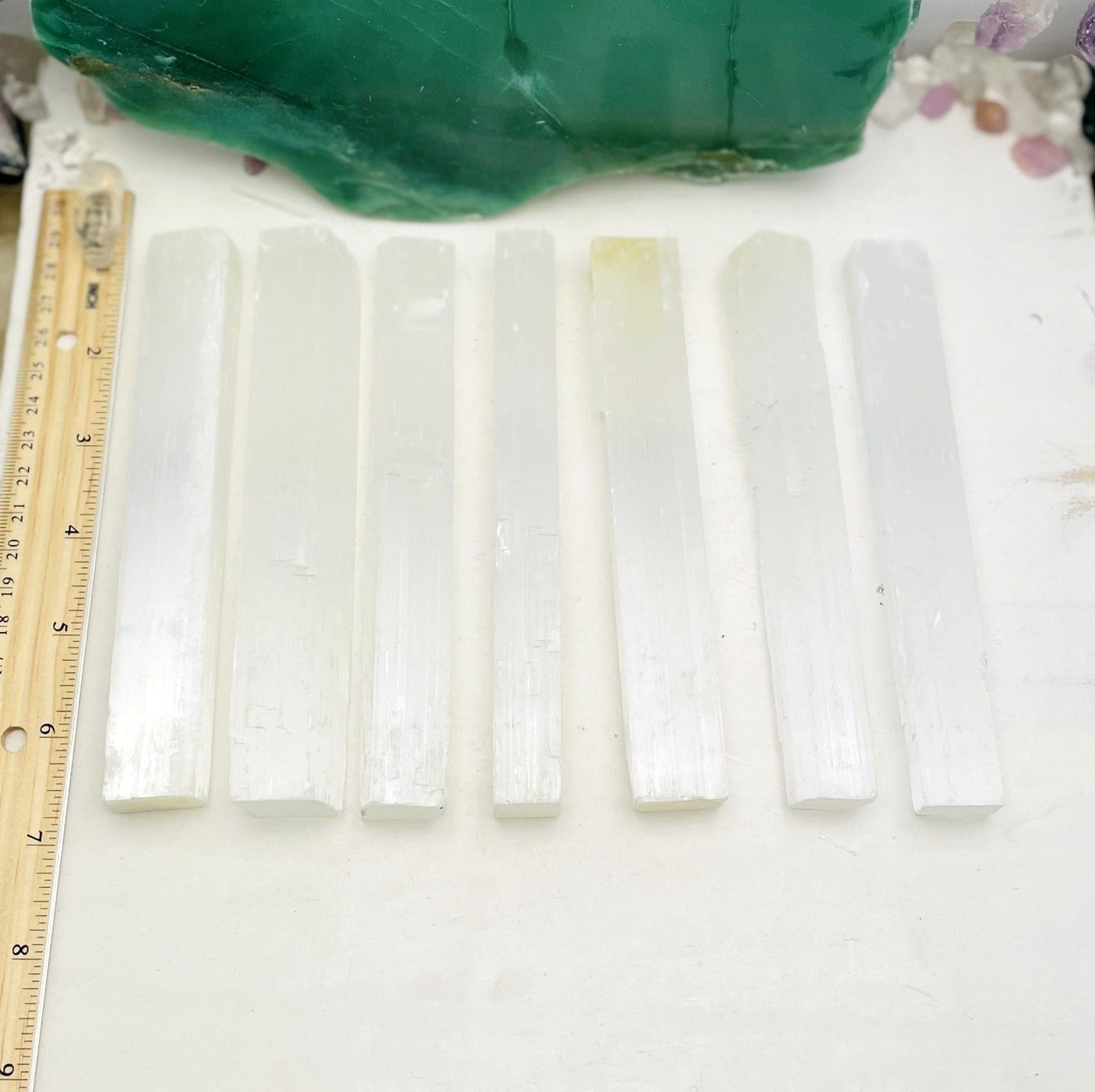 selenite bars with ruler for size reference
