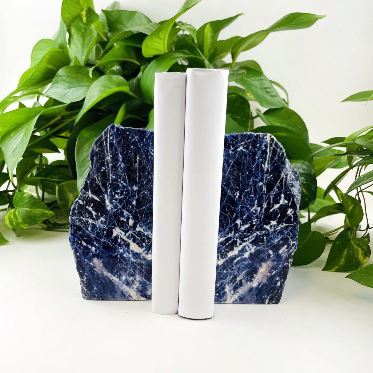 Polished Sodalite Bookend Set displayed with 2 books in between