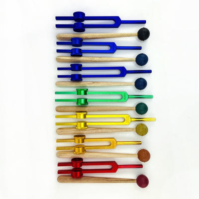 A Circle of All the 7 Chakra Tuning Forks and Mallets