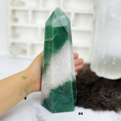 Choice #4 Green and White Quartz Polished Point with a hand for size reference