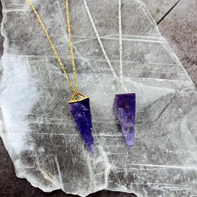 Amethyst Pendulum Necklaces in gold and silver up close