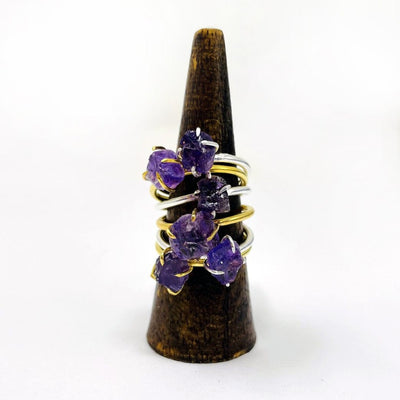 Gemstone Amethyst Ring in gold and silver on display