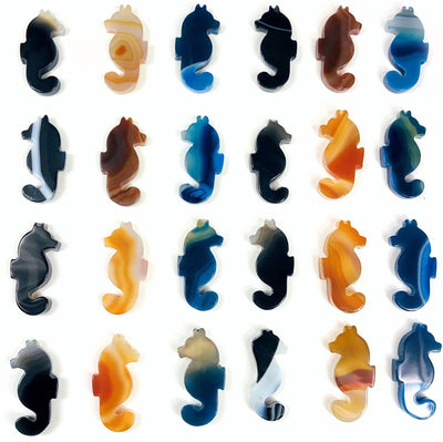 This picture is showing all the variations in stock for the gate seahorse shaped cabochon.