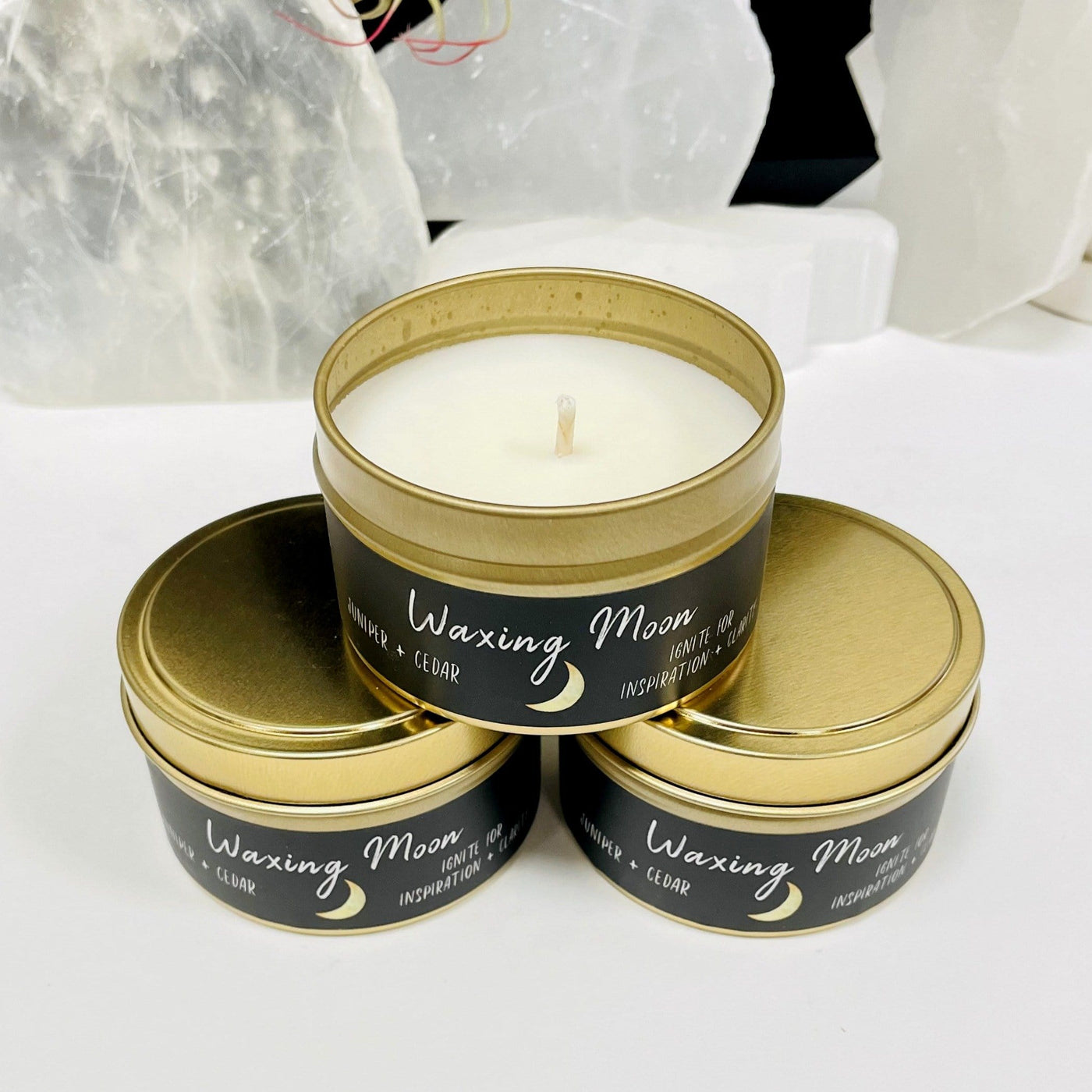 3 Moon Phase Candles - Waxing Moon with crystals in the background