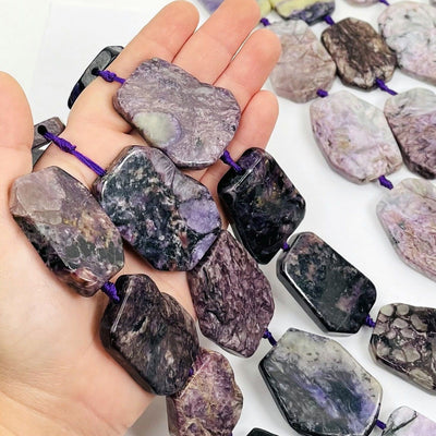 Charoite Slab Beads- on hand showing size and details.