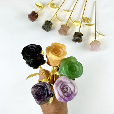 Crystal Rose - Carved Stones with gold stems showing carving details